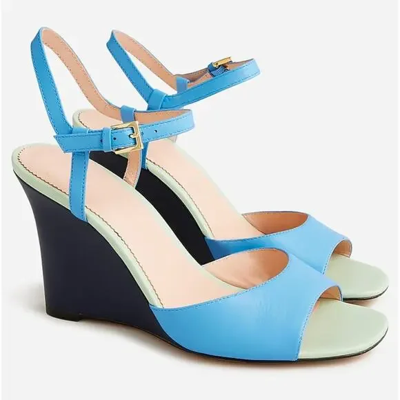 Women's J.Crew Bianca Colorblock Leather Ankle-Strap Wedges size 8 Retro Boho - Picture 7 of 7